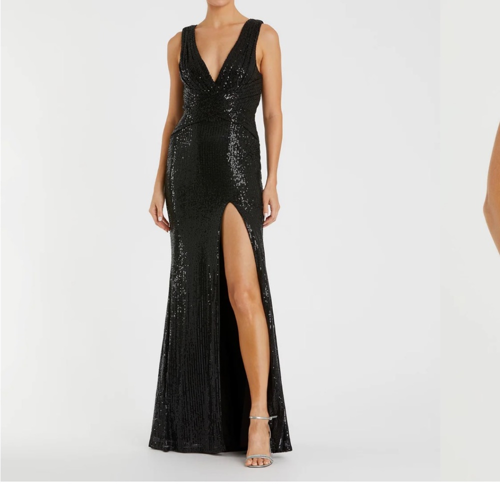 Ieena for Mac Duggal Black V-neck Sequin Wrap Waist Gown